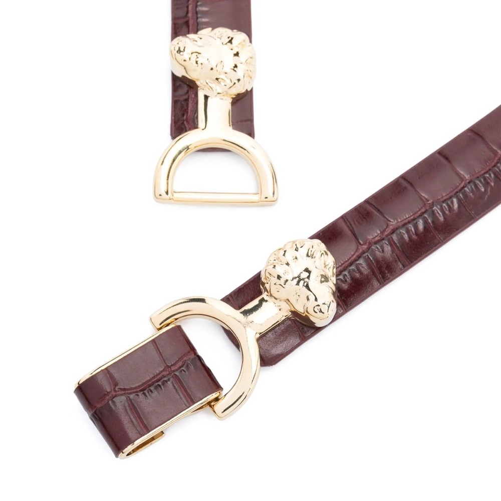 Maje Burgundy Croc-Embossed Belt with Gold Details